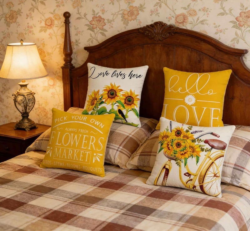 F Finerease Farmhouse Yellow Floral Throw Pillow Cover - 18 x 18 Summer Sunflower Throw Pillow Case - 4 Pack Linen Square Pillow Cushion Cover, Great for Couch,Patio,Chair,Livingroom,Outdoor and More Home Decor - Image 5