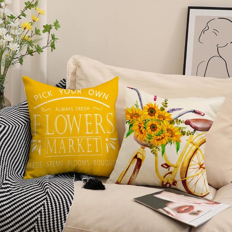 F Finerease Farmhouse Yellow Floral Throw Pillow Cover - 18 x 18 Summer Sunflower Throw Pillow Case - 4 Pack Linen Square Pillow Cushion Cover, Great for Couch,Patio,Chair,Livingroom,Outdoor and More Home Decor - Image 3