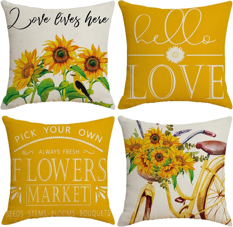 F Finerease Farmhouse Yellow Floral Throw Pillow Cover - 18 x 18 Summer Sunflower Throw Pillow Case - 4 Pack Linen Square Pillow Cushion Cover, Great for Couch,Patio,Chair,Livingroom,Outdoor and More Home Decor - Image 1