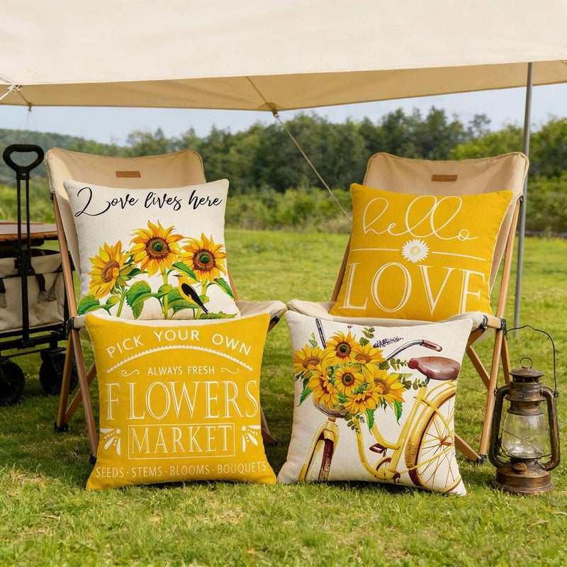 F Finerease Farmhouse Yellow Floral Throw Pillow Cover - 18 x 18 Summer Sunflower Throw Pillow Case - 4 Pack Linen Square Pillow Cushion Cover, Great for Couch,Patio,Chair,Livingroom,Outdoor and More Home Decor - Image 4
