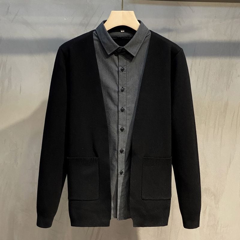 Fall/Winter 2021 Fake Two-Piece Men'S Knitted Cardigan Fashion Trendy All-Match Shirt Collar Adult Men'S Black Long Sleeve - Image 3
