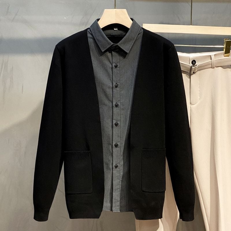 Fall/Winter 2021 Fake Two-Piece Men'S Knitted Cardigan Fashion Trendy All-Match Shirt Collar Adult Men'S Black Long Sleeve - Image 1