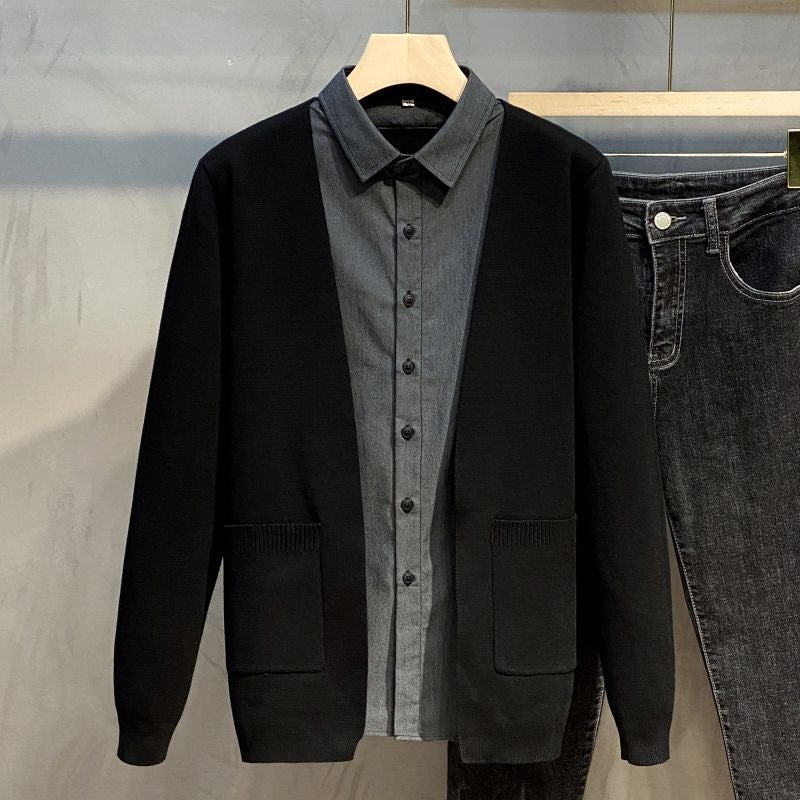 Fall/Winter 2021 Fake Two-Piece Men'S Knitted Cardigan Fashion Trendy All-Match Shirt Collar Adult Men'S Black Long Sleeve - Image 2