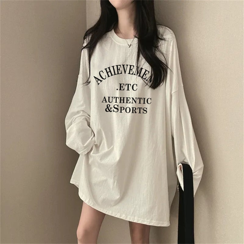 Korean Style Ins Trendy Brand T-Shirt Women'S Loose Student Outer Wear Mid-Length 100 Cotton Autumn Mid-Length - Image 2