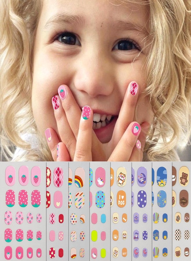 winthrop 8 Sheets Kids Nail Stickers Full Nail Wraps for Girls, Cute Strawberry Rainbow Unicorn Bear Designs 3D Self-Adhesive Nail Art Decals Holiday Colorful Manicure Decorations for Age 7 and Older - Image 1