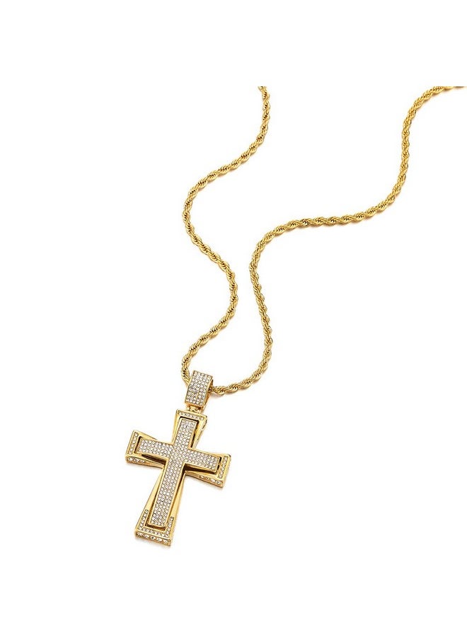 Mens Women Large Steel Cross Pendant Gold Color Necklace With Cubic Zirconia, 30 Inches Wheat Chain - pzsku/Z0EF88502CF07BE94EBF7Z/45/_/1735214483/a3eeba69-fe71-4365-80ba-976769770456