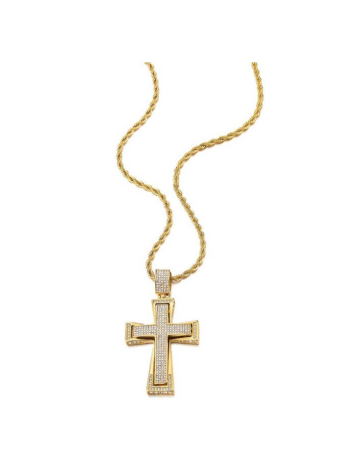 Mens Women Large Steel Cross Pendant Gold Color Necklace With Cubic Zirconia, 30 Inches Wheat Chain - pzsku/Z0EF88502CF07BE94EBF7Z/45/_/1735214517/b22601ed-06a1-427a-8b5a-3ef1f9b5bdea