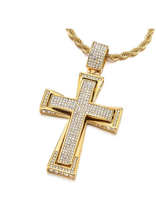 Mens Women Large Steel Cross Pendant Gold Color Necklace With Cubic Zirconia, 30 Inches Wheat Chain - pzsku/Z0EF88502CF07BE94EBF7Z/45/_/1735214538/6aca23bb-7221-4463-af08-c36c2150d03c