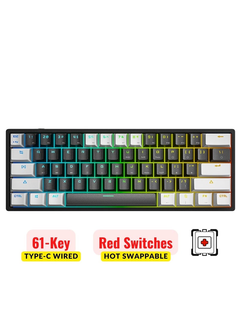 LEAVEN - Mechanical Keyboard 61 Keys PBT Translucent Dual-Color Injection Keycaps RGB Backlight Detachable Type-C 60% Wired Gaming Keyboard White/Black - Red Switch - Image 1