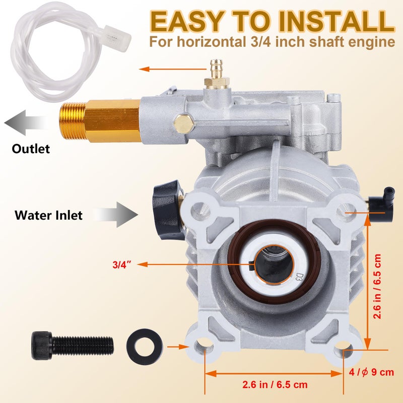 Biswing Pressure Washer Pump, 3/4" Shaft Horizontal Axial Plunger, 3400 PSI Max, 2.5 GPM, Replacement Pumps for Cold Water Gas Power Pressure Washer - Image 4