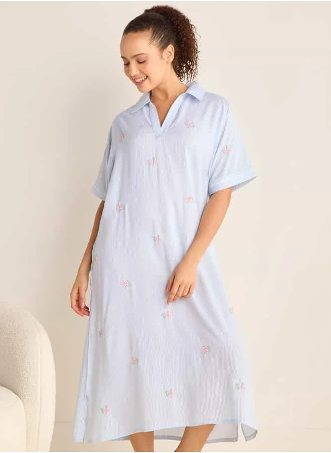 فاف Striped Slit Detail Sleepshirt with Collar and Short Sleeves