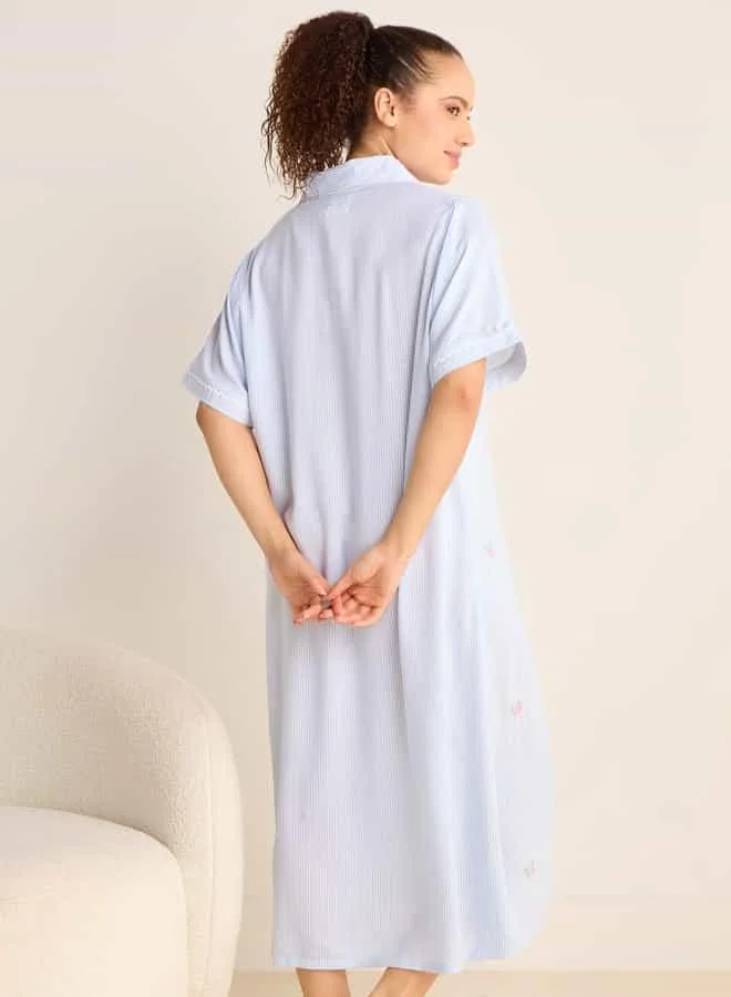 Splash FAV Striped Slit Detail Sleepshirt with Collar and Short Sleeves