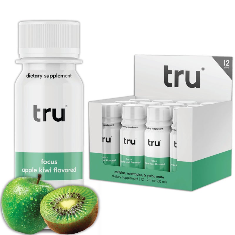 Tru Focus Shots Nootropic Energy Drink with Yerba Mate L Theanine Natural Caffeine Vegan Wellness Shot with Zero Sugar Calories Gluten Free Keto Friendly Apple Kiwi Flavor 2 FL OZ 12 Pack