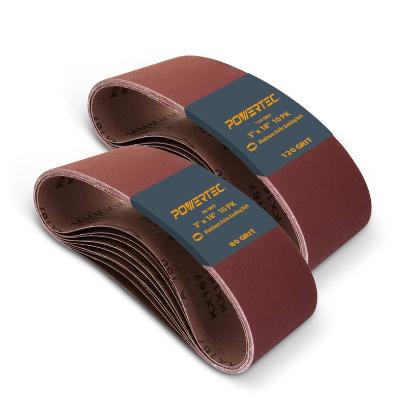 POWERTEC 110803 3 x 18 Inch Sanding Belts 10 Each of 80120 Grits 20PK Aluminum Oxide Belt Sander Sanding Belt Assortment for Portable Belt Sander Wood Paint Sanding Metal Polishing