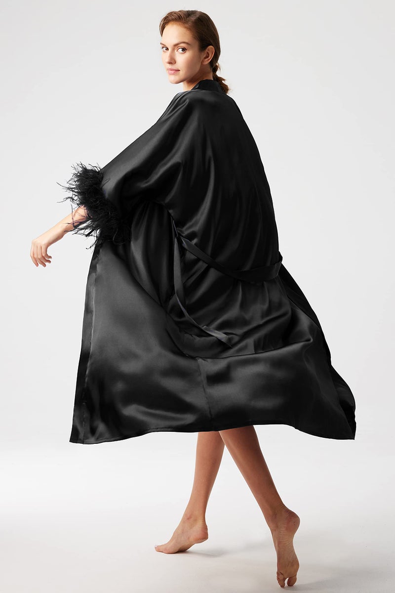 PRODESIGN Satin Kimono Robe Long Silky Bathrobe with Ostrich Feather Trim Sleepwear Wedding Bridesmaid Dressing Gown - Image 4