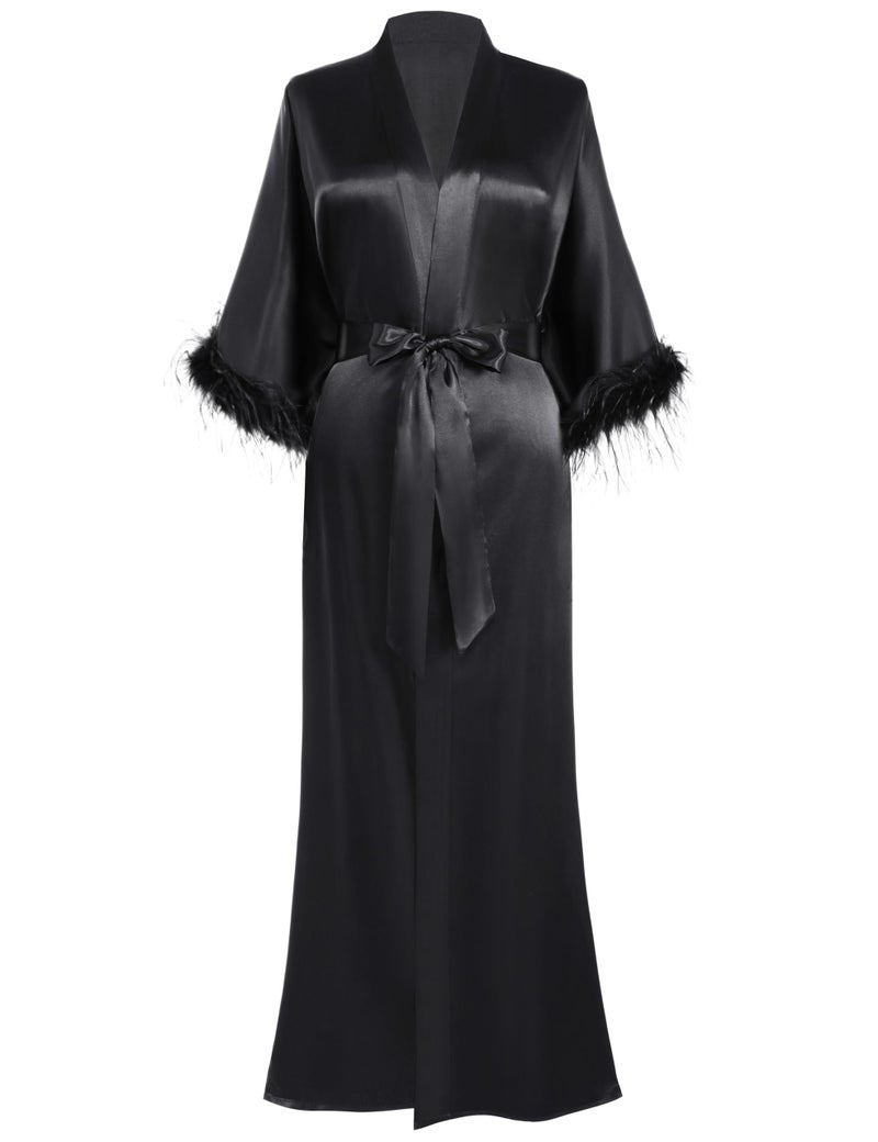 PRODESIGN Satin Kimono Robe Long Silky Bathrobe with Ostrich Feather Trim Sleepwear Wedding Bridesmaid Dressing Gown - Image 1