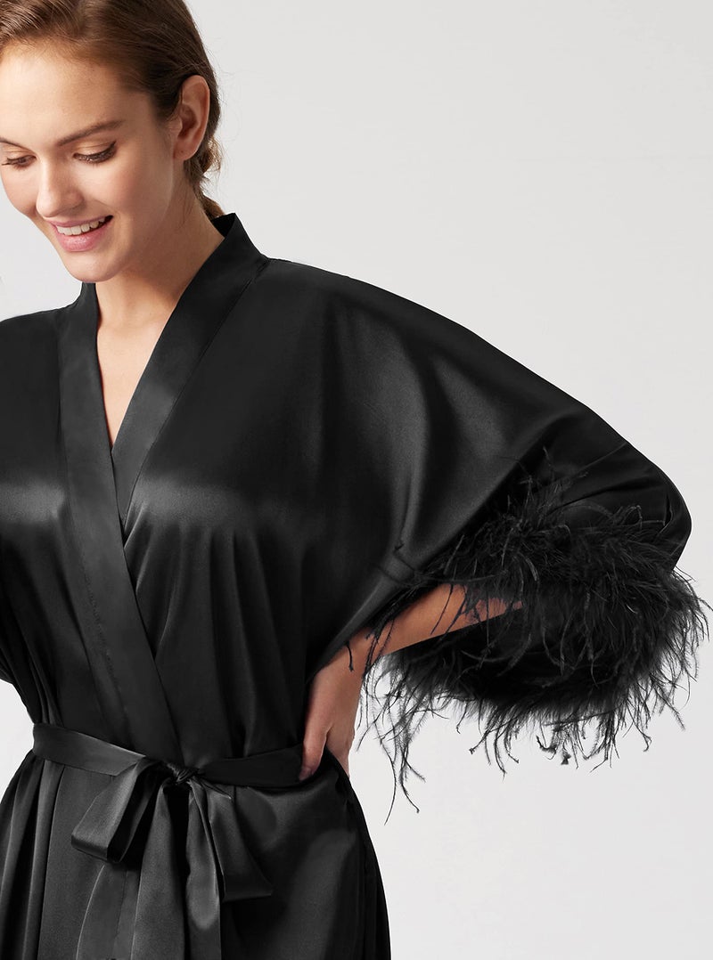 PRODESIGN Satin Kimono Robe Long Silky Bathrobe with Ostrich Feather Trim Sleepwear Wedding Bridesmaid Dressing Gown - Image 3