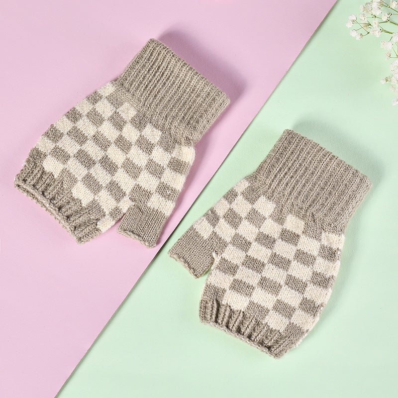 Black and white plaid gloves Korean style fashionable winter typing Dew half finger knitted checkerboard student womens half hand socks trendy Khaki 