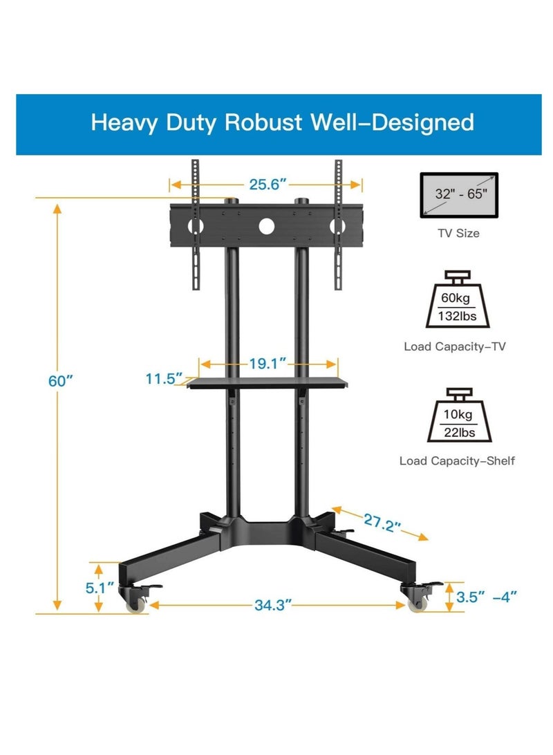 Mobile TV Cart with Wheels for 32-65 Inch LCD LED Plasma Flat Screen TVs- Height Adjustable Rolling TV Stand Hold up to 132 lbs- Floor Stand with Tray Max VESA 600x400mm - Image 5