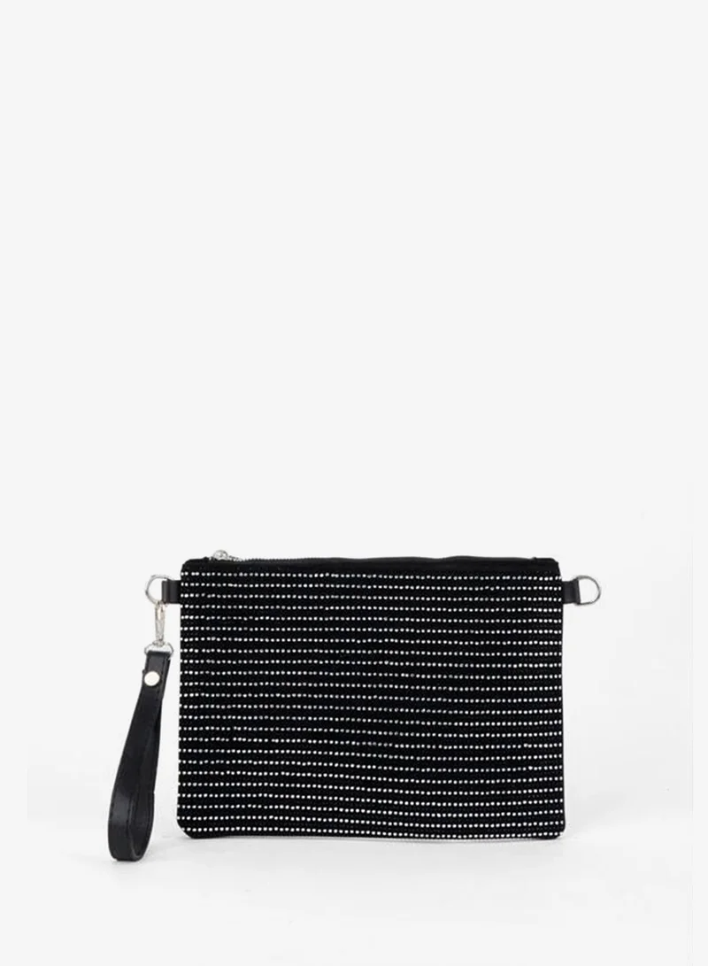 Women's sequined silver‑stone suede wrist strap and chain strap portfolio hand and clutch bag.