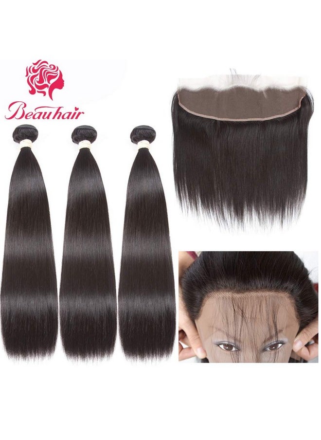 Beauhair - Brazilian Straight Hair 3 Bundles With Frontal Closure(20 22 24+18Frontal) 13X4 Ear To Ear Lace Frontal Closure With Bundles Unprocessed Virgin Human Hair Bundles With Frontal Natural Color - Image 1