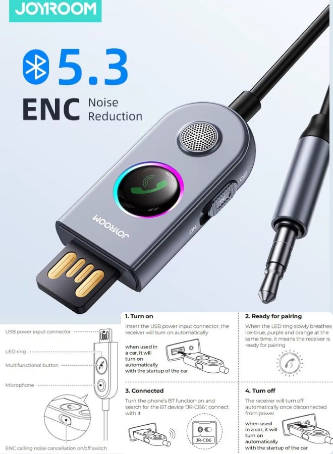 JOYROOM Car Bluetooth 5.3 Receiver for Car AUX Bluetooth Adapter for Car 3.5mm Jack,ENC Noise Cancellation with Built-in Microphone Aux Input for Car Speaker Hands-Free Call Home Stereo Wired Headphones  - Image 1