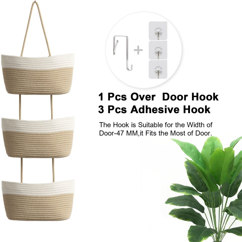 TeoKJ Over the Door Hanging Basket, 3-Tier Woven Cotton Wall-Mounted Storage Organizer Bag Decorative Hanging Nursery Baskets, White & Jute - Image 4