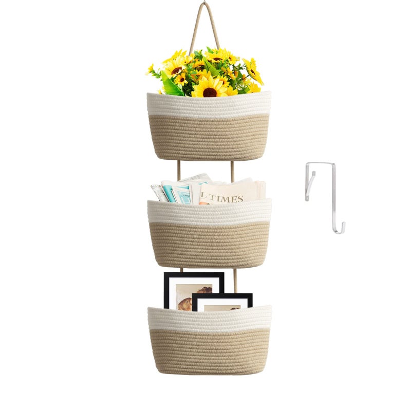TeoKJ Over the Door Hanging Basket, 3-Tier Woven Cotton Wall-Mounted Storage Organizer Bag Decorative Hanging Nursery Baskets, White & Jute - Image 1