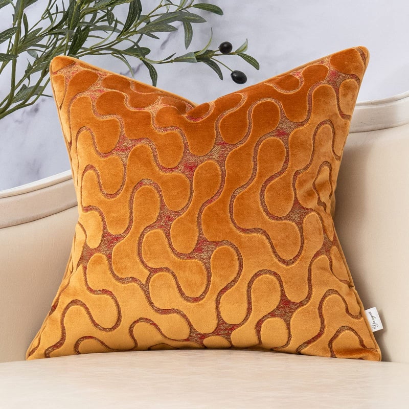 Yangest Orange Yellow Square Throw Pillow Cover Wavy Velvet Cushion Cover Modern Zippered Pillowcase for Sofa Couch Bedroom Living Room Chair, 18 x 18 Inch - Image 1