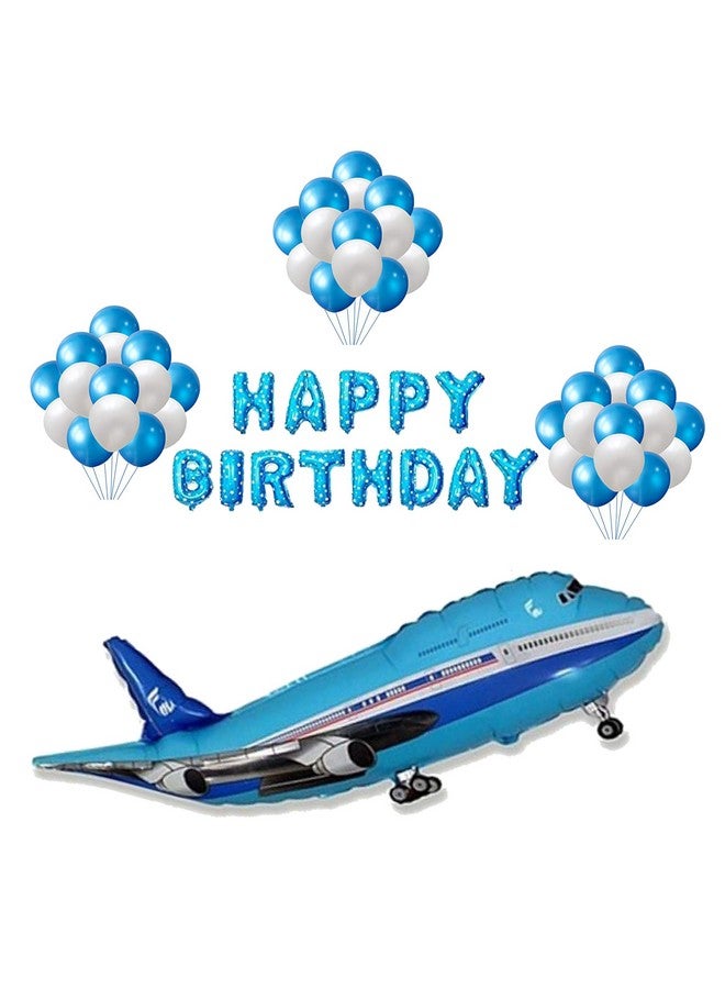 Masti Zone 3 Pcs 34" Aeroplane/Airplane Foil Balloons With Happy Birthday Foil and 50 Blue White Balloons For Birthday Theme Party Decoration Kids,boys,girls(Aeroplane Set 9)