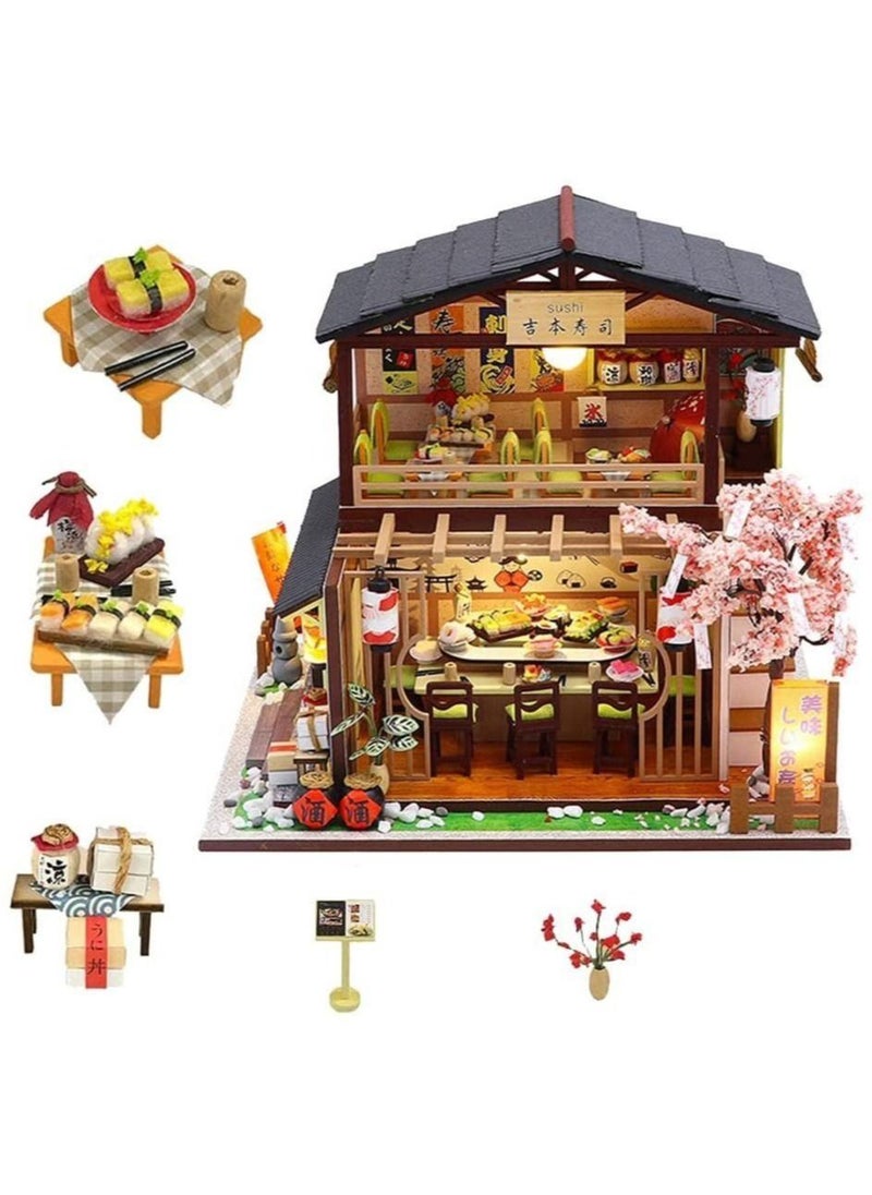 Generic - DIY Miniature Dollhouse Kit with Furniture and LED Light, Japanese Sushi Shop, Wooden Dollhouse, 1:24 Scale Creative Doll House Toys, Home Decoration - Image 1