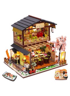 DIY Miniature Dollhouse Kit with Furniture and LED Light, Japanese Sushi Shop, Wooden Dollhouse, 1:24 Scale Creative Doll House Toys, Home Decoration