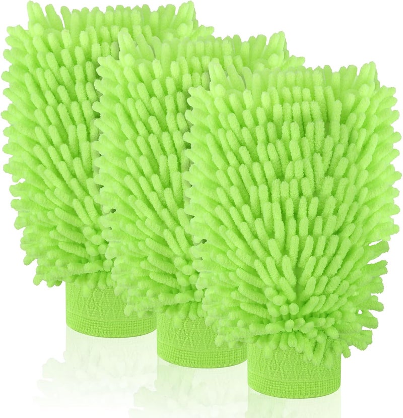 Mkobon 3 Pack Chenille Microfiber Car Wash Mitt, 7" x 9.8" Car Washing Mitts, Home Dusting Gloves, Scratch Free Lint-Free, Highly Absorbent, Double Sided, for Cleaning Detailing Polish (Green) All user affordable trusted quality - Image 1