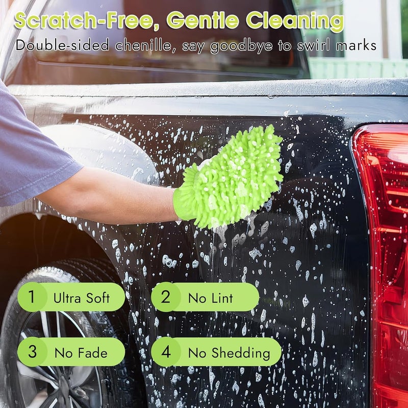 Mkobon 3 Pack Chenille Microfiber Car Wash Mitt, 7" x 9.8" Car Washing Mitts, Home Dusting Gloves, Scratch Free Lint-Free, Highly Absorbent, Double Sided, for Cleaning Detailing Polish (Green) All user affordable trusted quality - Image 5