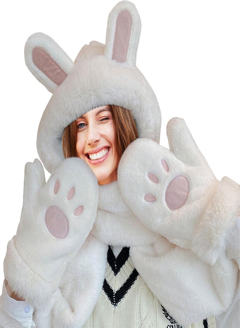 GGOOT Bunny Scarf With Ears, 3 In 1 Cute Furry Hat, Girls Cute Animal Winter Hats Soft Warm Plush Hoodie Cap With Paw Gloves Mitten Scarf Set  - Image 1