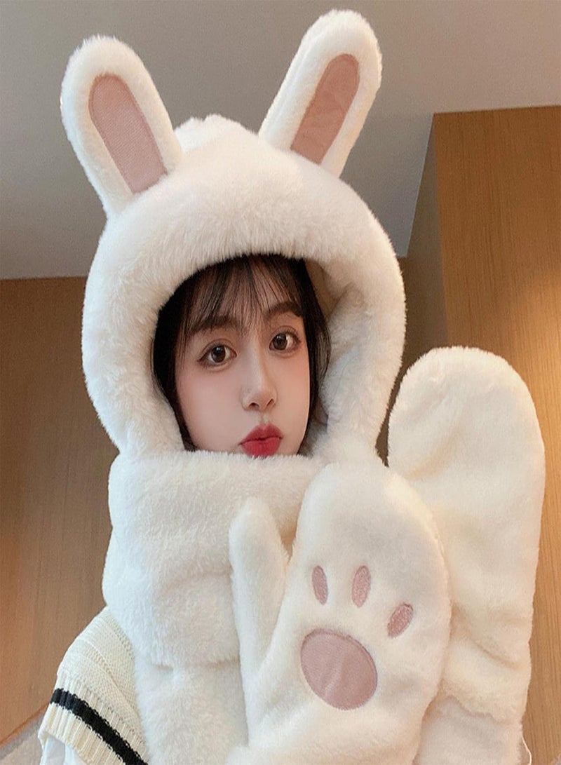 GGOOT Bunny Scarf With Ears, 3 In 1 Cute Furry Hat, Girls Cute Animal Winter Hats Soft Warm Plush Hoodie Cap With Paw Gloves Mitten Scarf Set  - Image 4