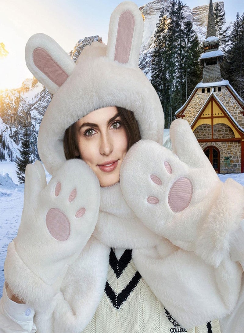 GGOOT Bunny Scarf With Ears, 3 In 1 Cute Furry Hat, Girls Cute Animal Winter Hats Soft Warm Plush Hoodie Cap With Paw Gloves Mitten Scarf Set  - Image 2