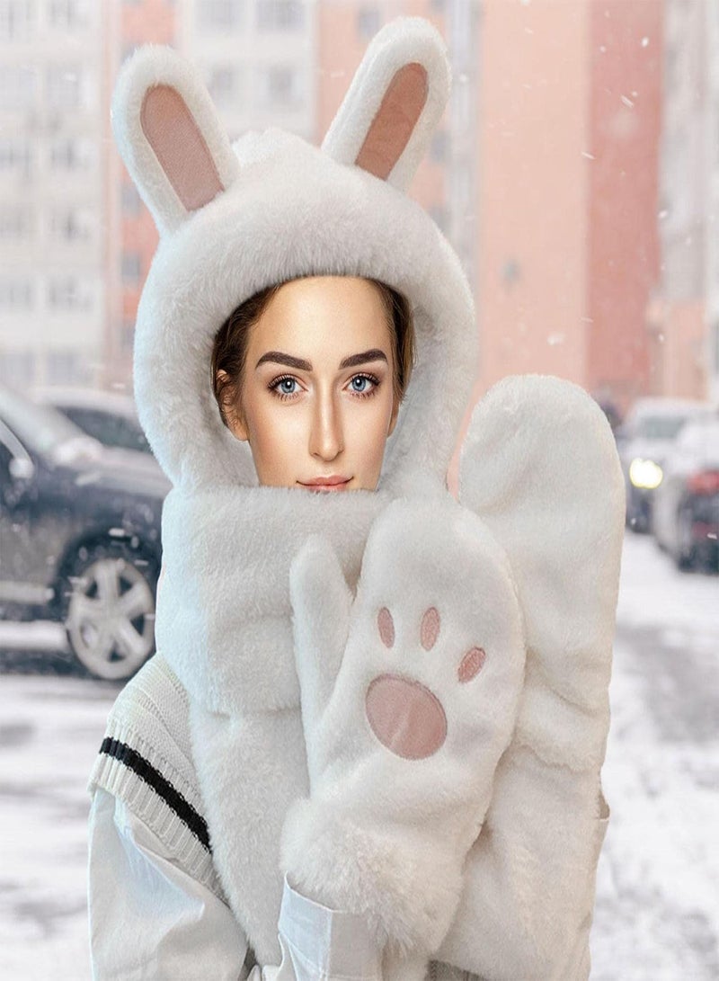 GGOOT Bunny Scarf With Ears, 3 In 1 Cute Furry Hat, Girls Cute Animal Winter Hats Soft Warm Plush Hoodie Cap With Paw Gloves Mitten Scarf Set  - Image 3