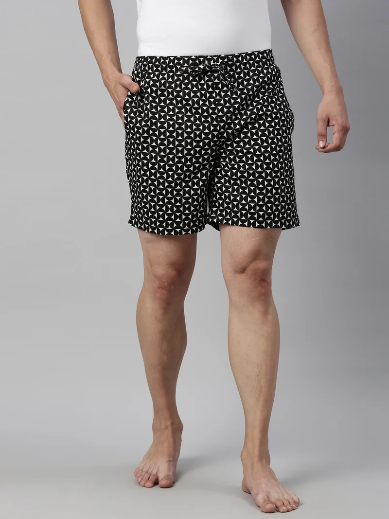 جوفن شورت رجالي قطن أسود مطبوع للاسترخاء