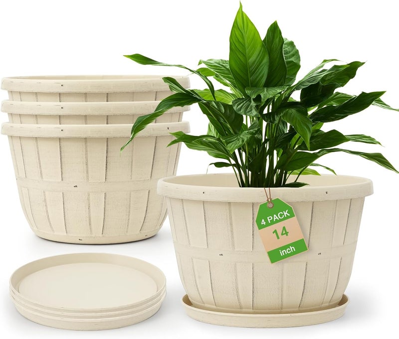Quarut 14 Inch Plastic-Flower-Pot-for-Indoor-Plants, 4 Pack Large Outdoor Planter Pot with Drainage Holes & Saucers, Resin Decorative Garden Pots Planters（White） - Image 1