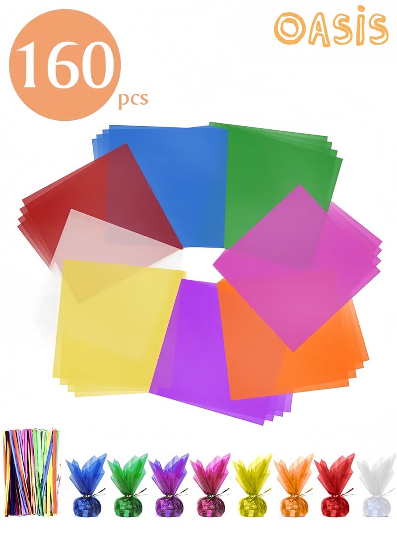 Oasis 160Pcs Colored Cellophane Wrap Sheets with 160 Metallic Twist Ties, 8 Assorted Colors Transparent Plastic Wrapping Paper for DIY Arts, Crafts, Candy, Cookies and Gift Decorations - Image 1