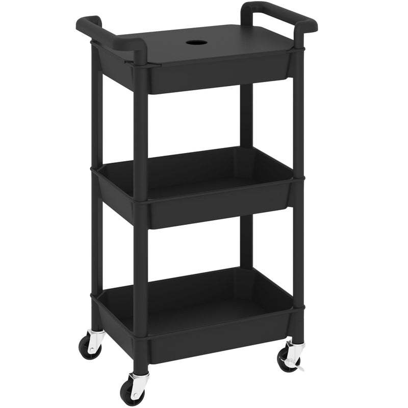 MIOCASA Utility Rolling Cart with Cover Top Board, 3-Tier Kitchen Storage Organization, Art Cart with Wheels for Office, Classroom, Livingroom, Kitchen, Bathroom (Black, 3-Tier-Plastic) - Image 1