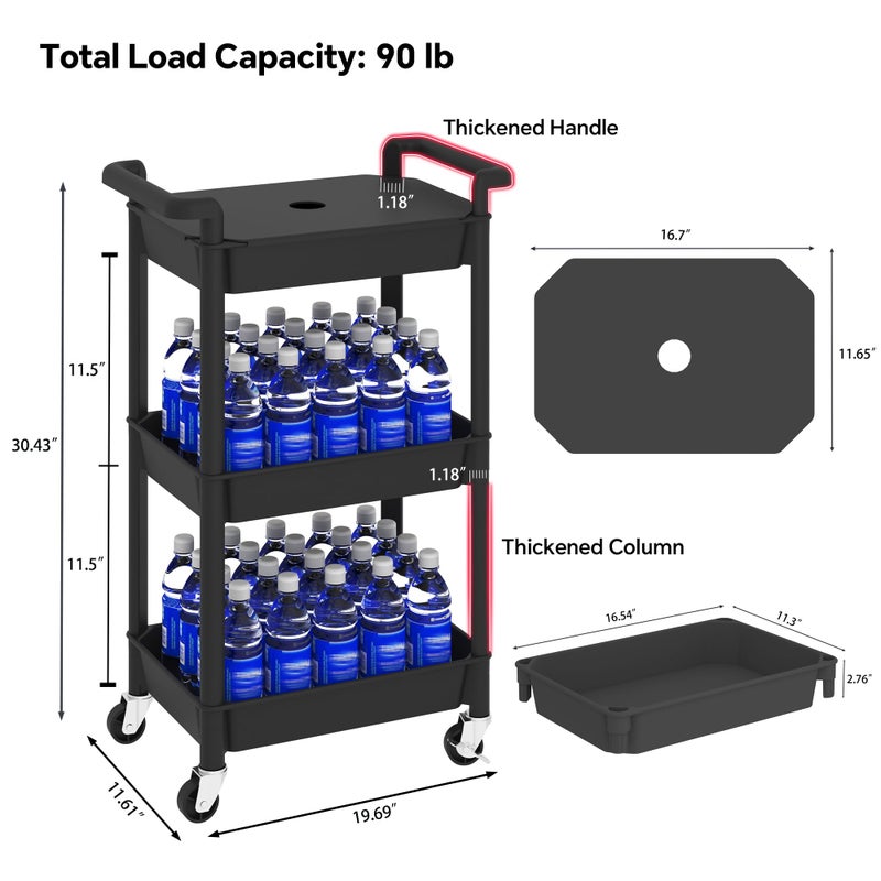 MIOCASA Utility Rolling Cart with Cover Top Board, 3-Tier Kitchen Storage Organization, Art Cart with Wheels for Office, Classroom, Livingroom, Kitchen, Bathroom (Black, 3-Tier-Plastic) - Image 2