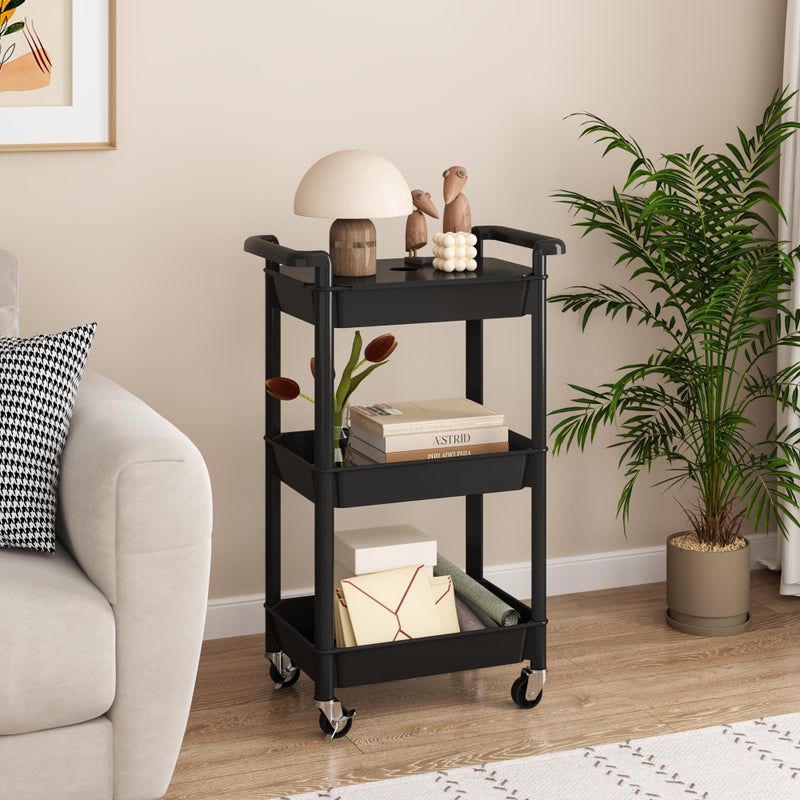 MIOCASA Utility Rolling Cart with Cover Top Board, 3-Tier Kitchen Storage Organization, Art Cart with Wheels for Office, Classroom, Livingroom, Kitchen, Bathroom (Black, 3-Tier-Plastic) - Image 5