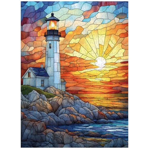 Artinhand Great Jigsaw Puzzles for Adults 500 Pieces Stained Glass Lighthouse Wooden Challenging Puzzles Gift for Friends Family Home Decoration Puzzle - Image 1