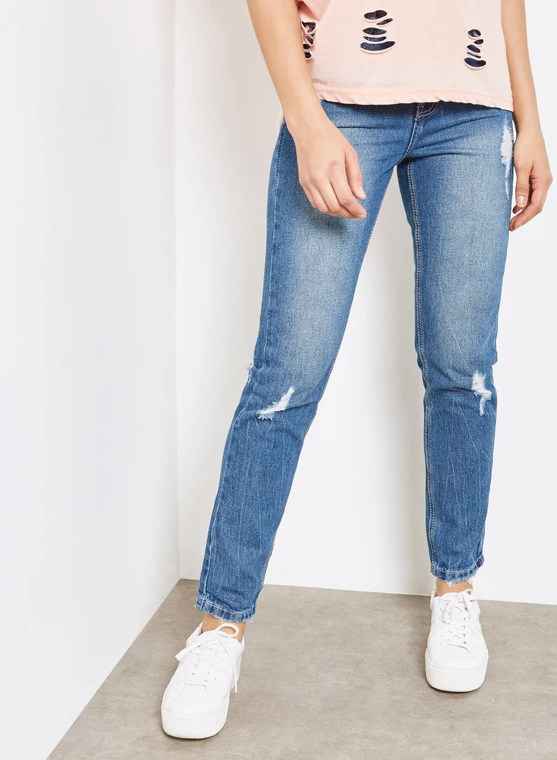 Missguided Riot Pink Fur Pocket Mom Jean Mid Wash