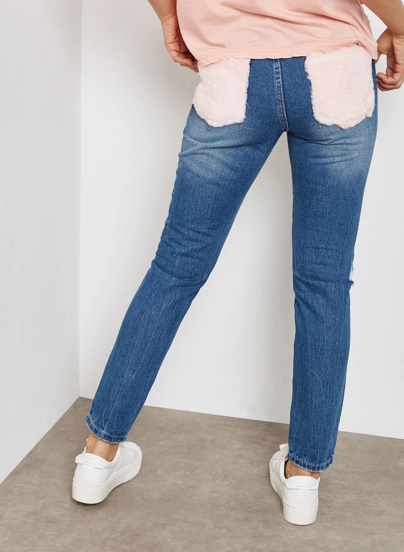 Missguided Riot Pink Fur Pocket Mom Jean Mid Wash