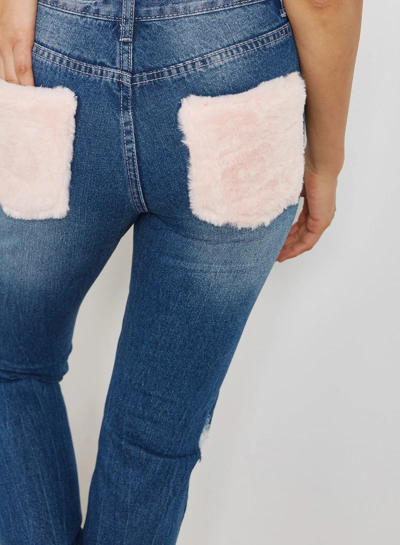 Missguided Riot Pink Fur Pocket Mom Jean Mid Wash