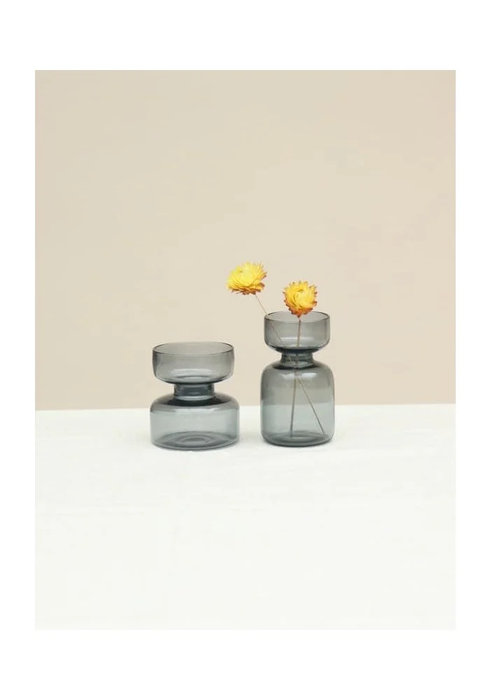 Muun Home MUUN HOME Slate Grey Mini Glass Bud Vase Set with Dried Flowers - Set of 2 Decorative Vases for Home Decor