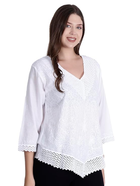 Ukal Hand Embroidered Cotton Tunic, Full Sleeves, Chikan Relaxed Fit Kurti, Boho Short Ethnic Dress for Women - Image 4